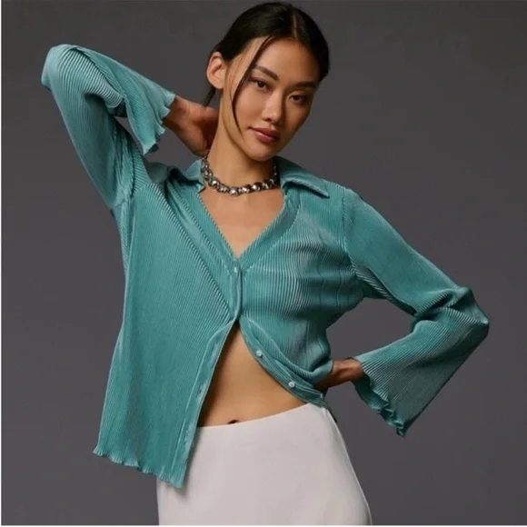 Anthropologie Dolan Lettuce Hem Teal Turquoise Button Front Pleated Shirt Top - Picture 2 of 9